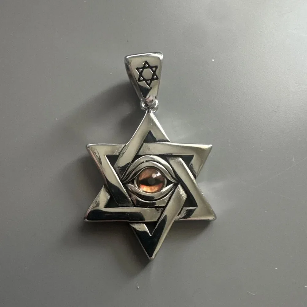 Star Of David Evil Eye Stainless Steel Pendant 24” Chain Jewish Religious Israel